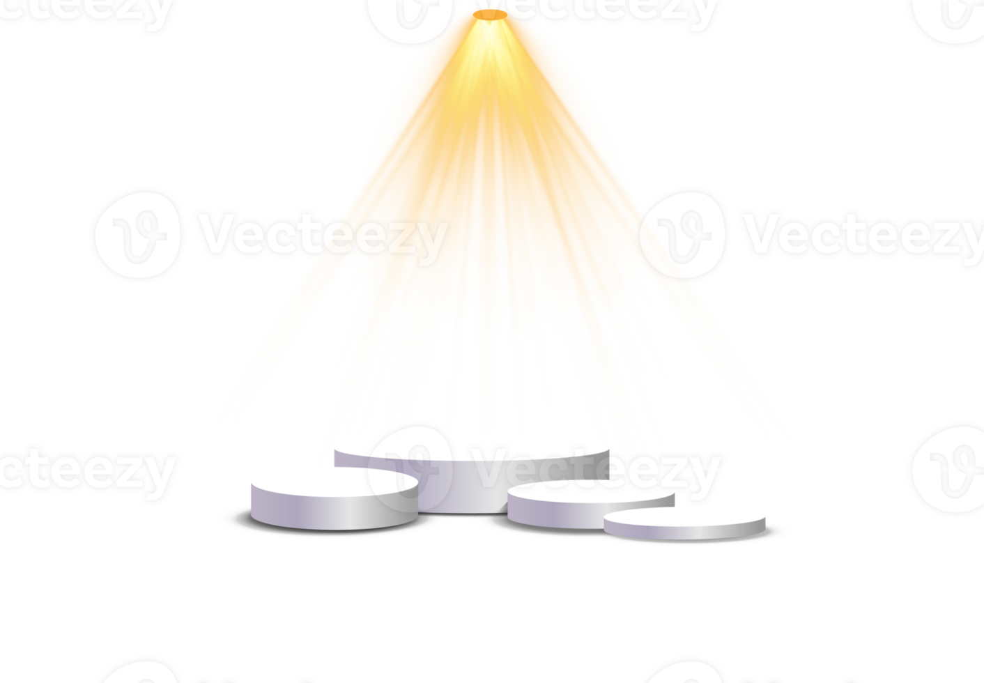 podium staan geïsoleerd Aan transparant achtergrond. wit cirkel plint, pijler of Scherm fase. leeg prijs voetstuk met geel projector licht balken. png. png