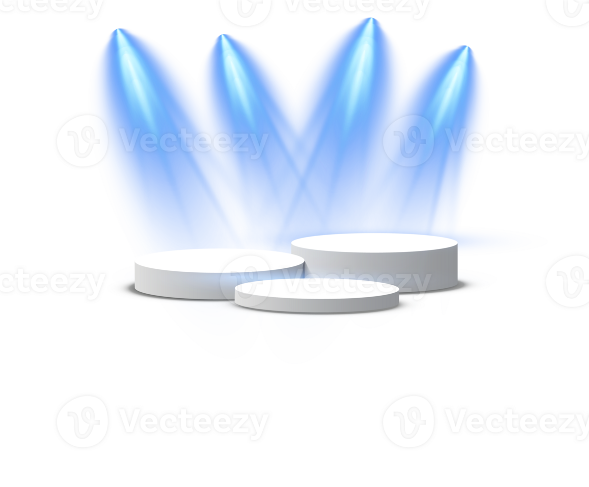 Podium stand isolated on transparent background. White circle plinth, pillar or display stage. Empty prize pedestal with blue projector light beams. png