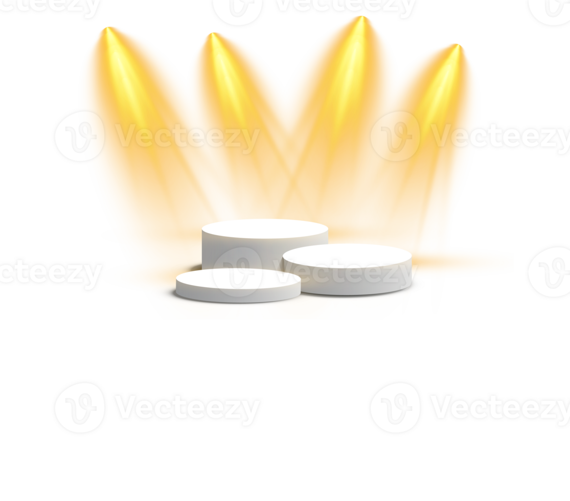 podium staan geïsoleerd Aan transparant achtergrond. wit cirkel plint, pijler of Scherm fase. leeg prijs voetstuk met geel projector licht balken. png. png