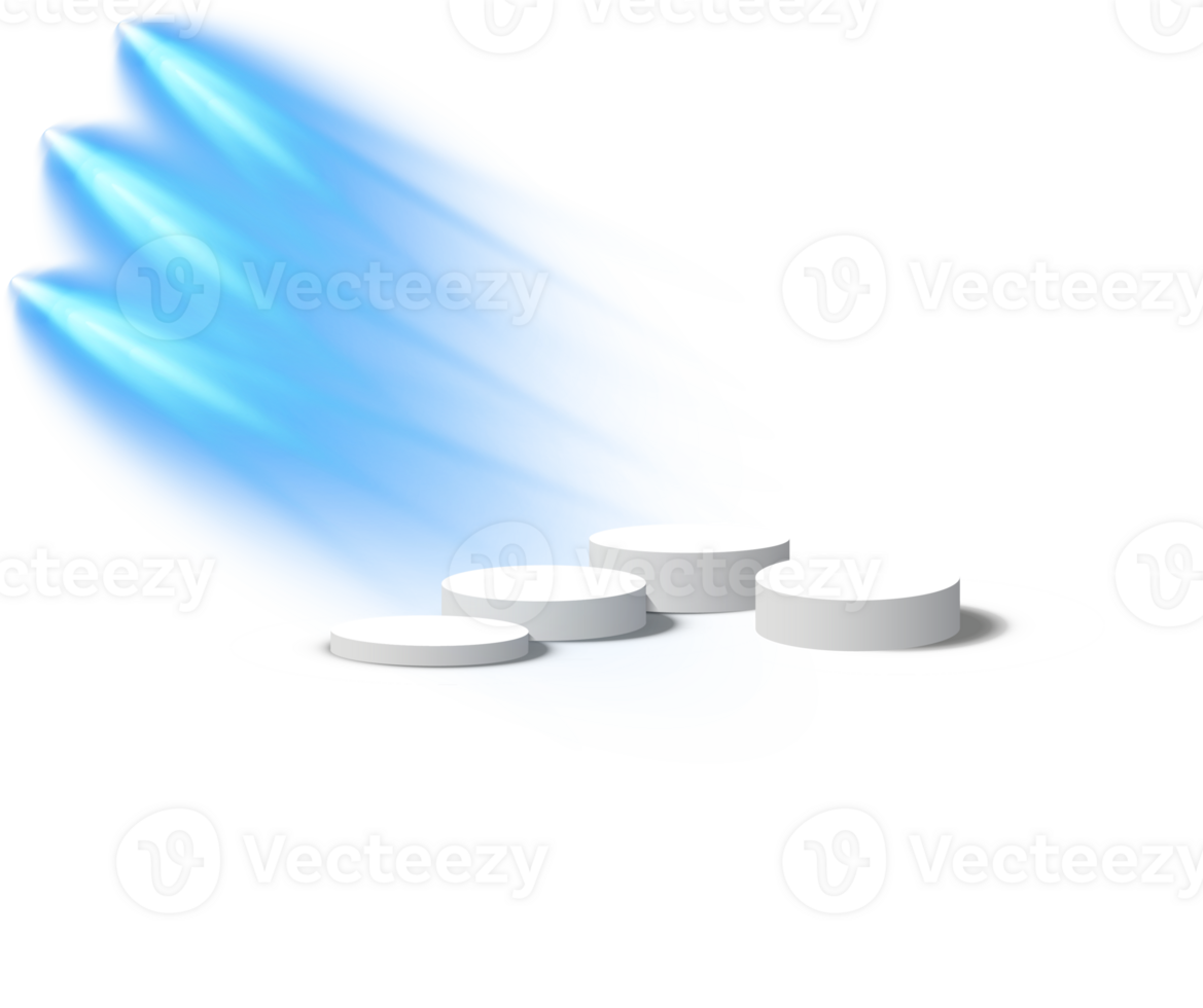 Podium stand isolated on transparent background. White circle plinth, pillar or display stage. Empty prize pedestal with blue projector light beams. png