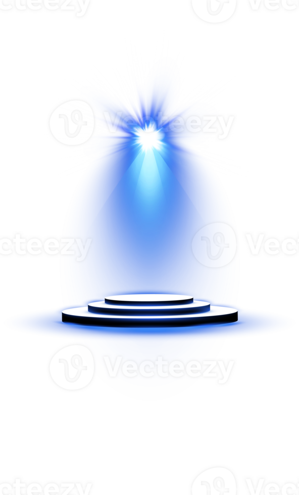 Podium stand isolated on transparent background. White circle plinth, pillar or display stage. Empty prize pedestal with blue projector light beams. png