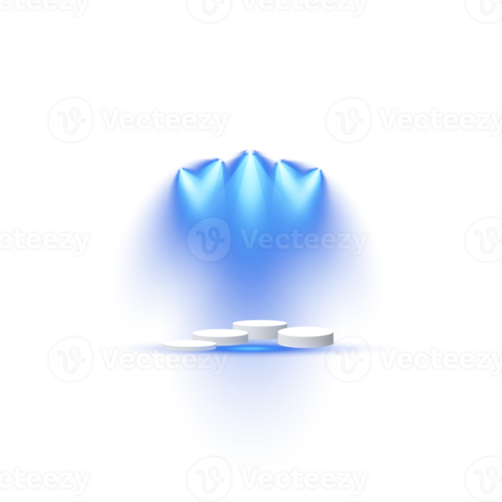 Podium stand isolated on transparent background. White circle plinth, pillar or display stage. Empty prize pedestal with blue projector light beams. png