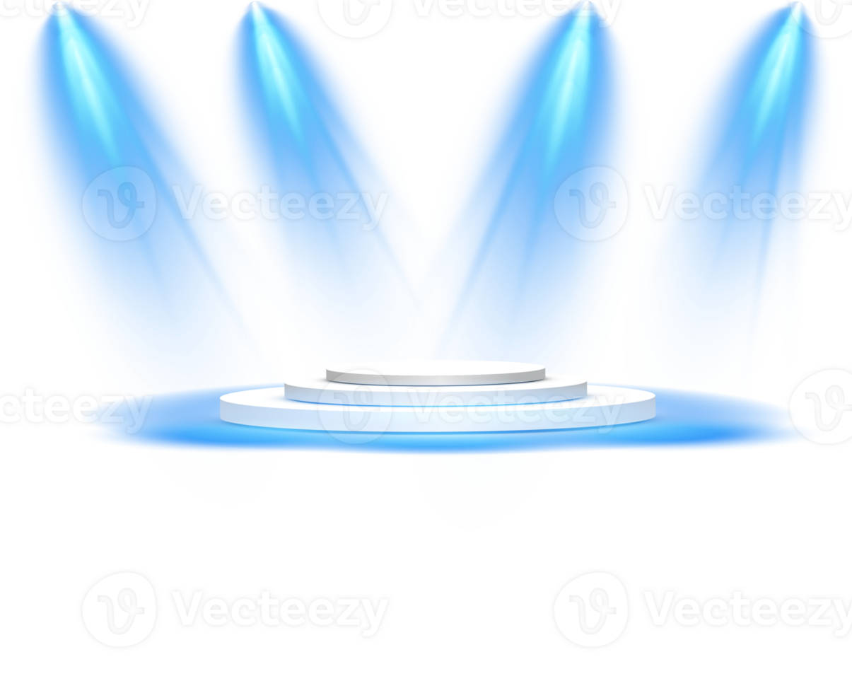 Podium stand isolated on transparent background. White circle plinth, pillar or display stage. Empty prize pedestal with blue projector light beams. png