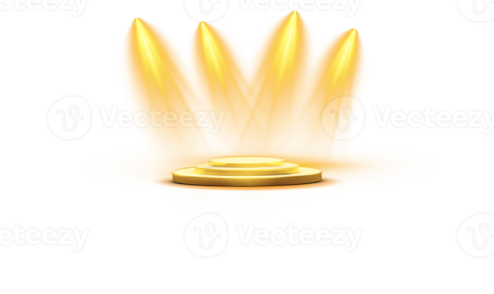 Podium stand isolated on transparent background. White circle plinth, pillar or display stage. Empty prize pedestal with yellow projector light beams. PNG. png