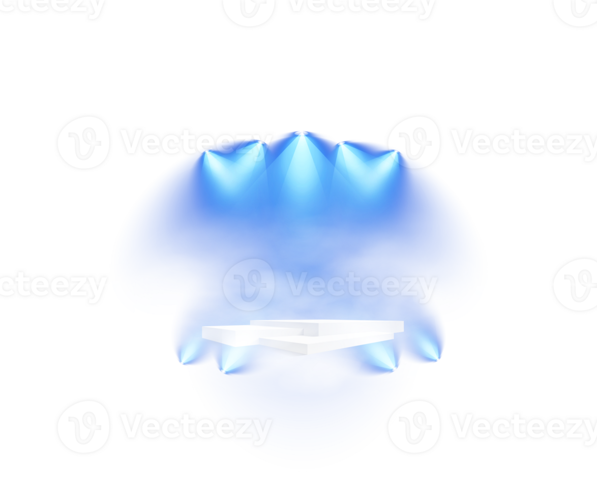 Podium stand isolated on transparent background. White plinth, pillar or display stage. Empty prize pedestal with blue projector light beams. PNG. png