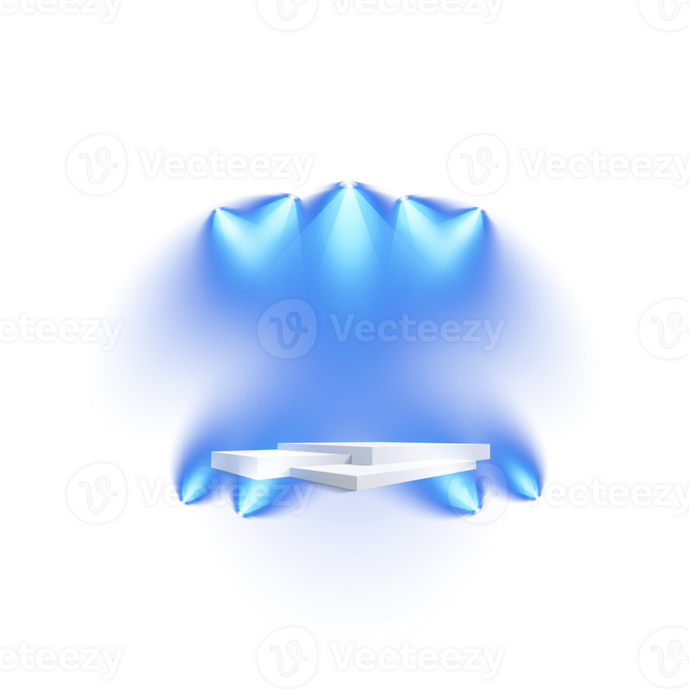 podium staan geïsoleerd Aan transparant achtergrond. wit plint, pijler of Scherm fase. leeg prijs voetstuk met blauw projector licht balken. png. png