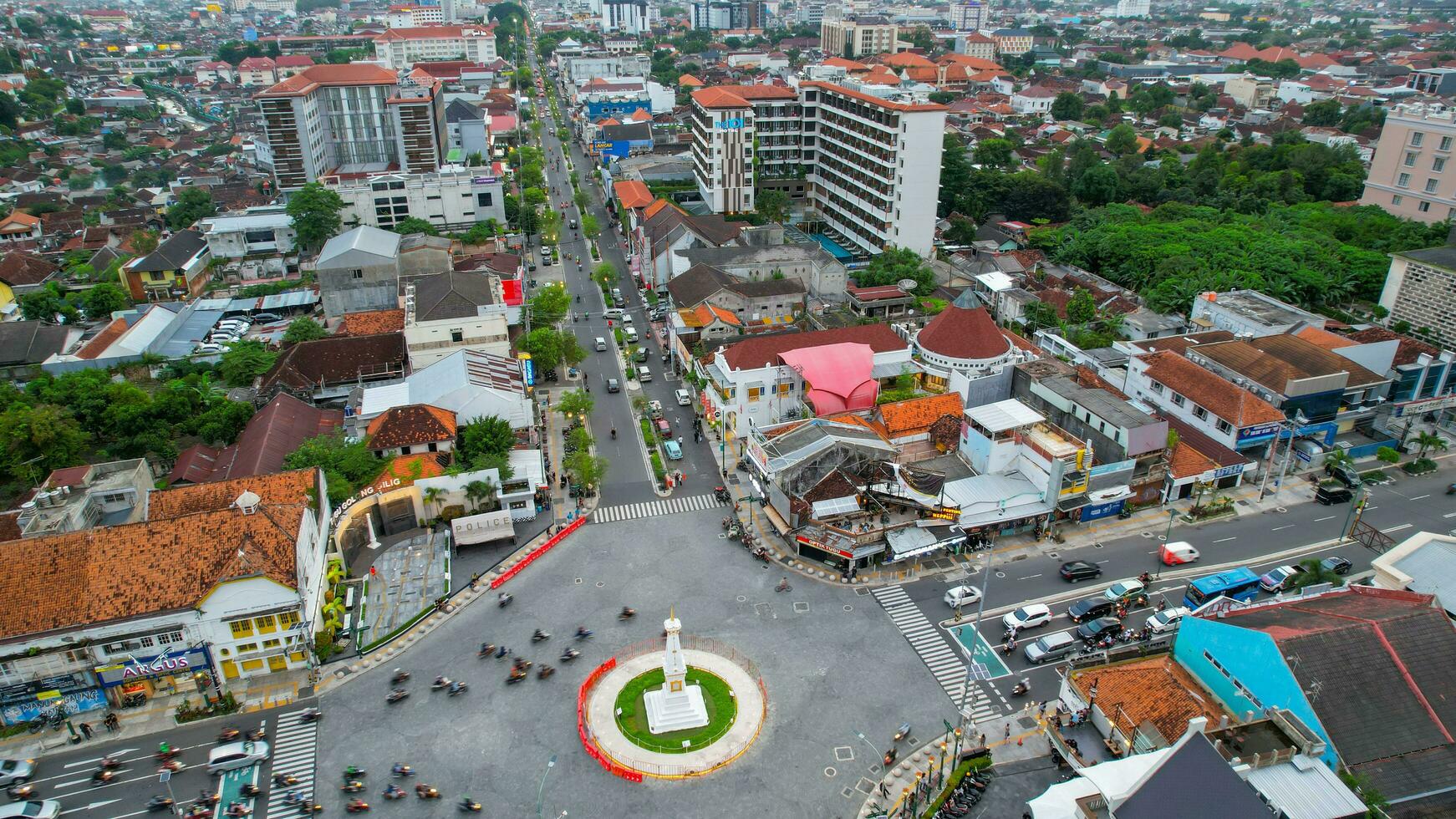 Aerial view of the tugu jogja or known as tugu pal is the iconic landmark of Yogyakarta. Central Java, Indonesia, December 6, 2021 photo