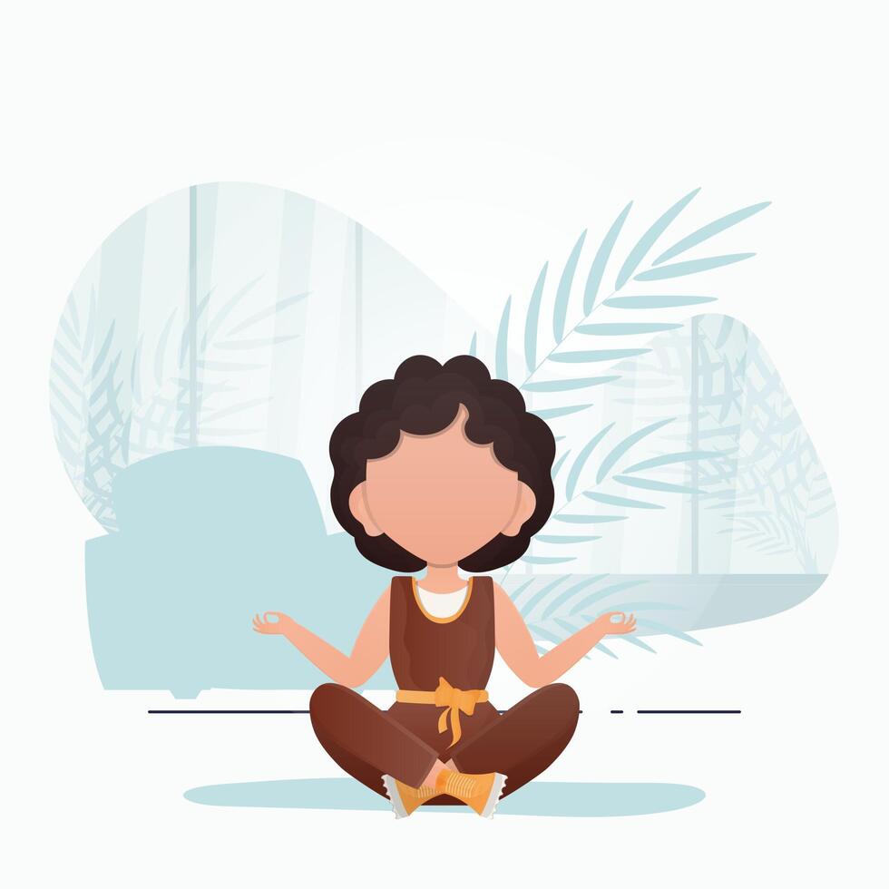 Little girl doing yoga in the lotus position. Cute yoga, mindfulness and relaxation. . vector