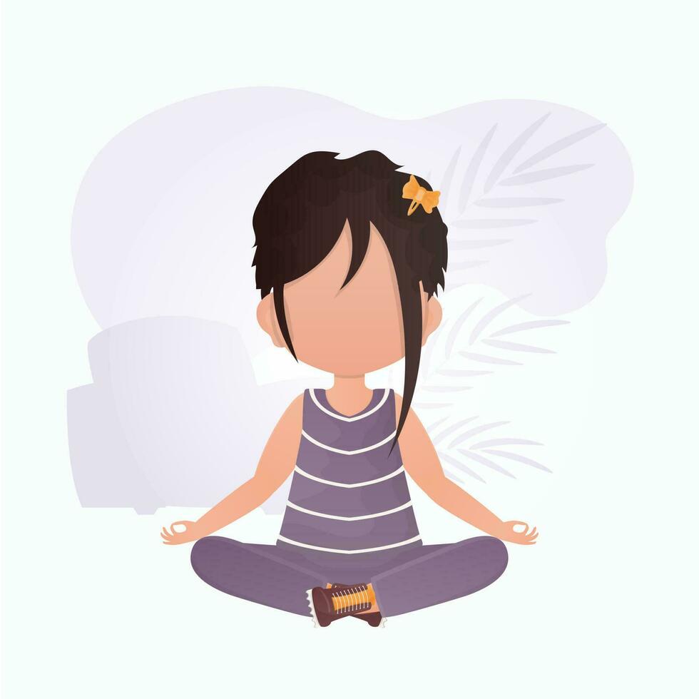 pequeño niña es meditando yoga niños. dibujos animados estilo. vector