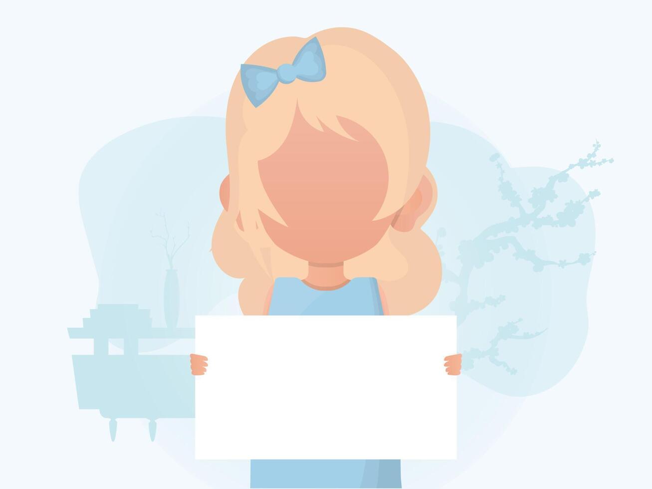 Little girl holding an empty banner in her hands. Place for announcement. Flat style. vector