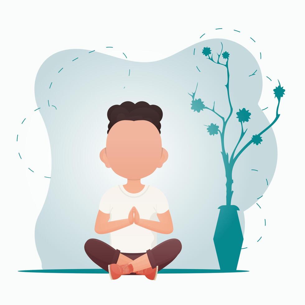 A cute little baby boy sits in the lotus position and does yoga in the room. Healthy life concept. illustration in cartoon style. vector