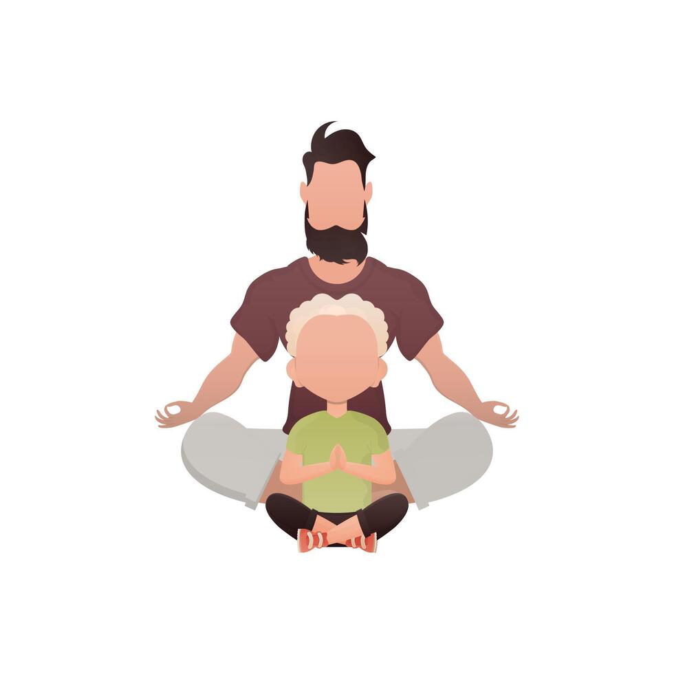 Dad and little son are sitting doing meditation. Isolated. Cartoon style. vector