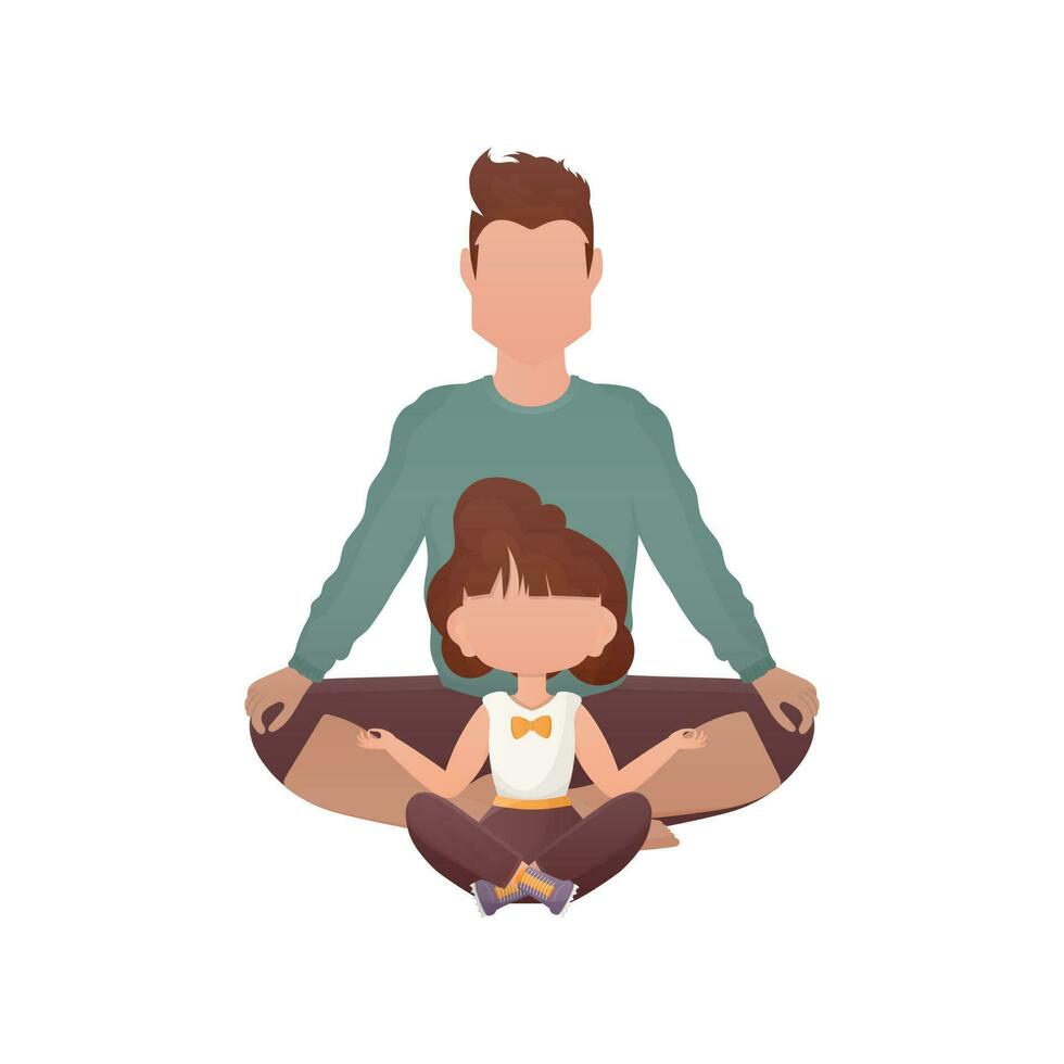 papá con un pequeño hija son sentado haciendo yoga en el loto posición. aislado. dibujos animados estilo. vector