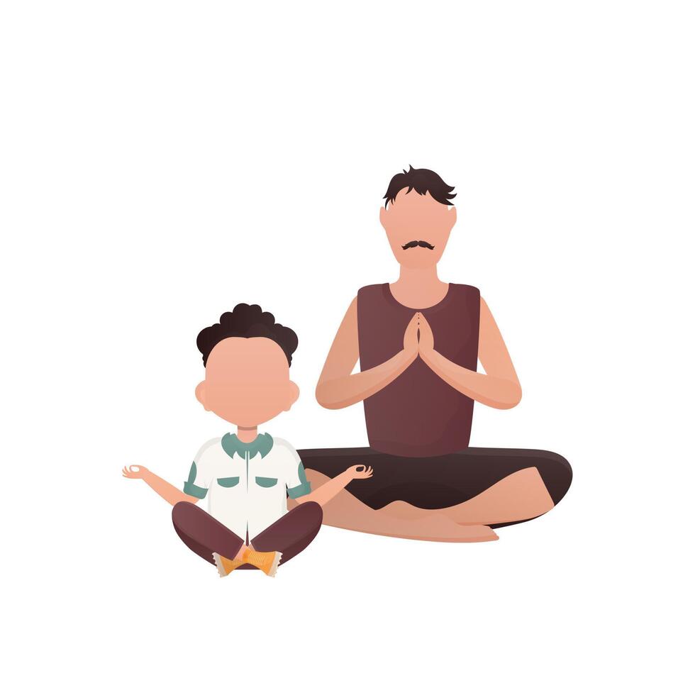 un hombre con un linda pequeño chico es sentado meditando en el loto posición. aislado. dibujos animados estilo. vector