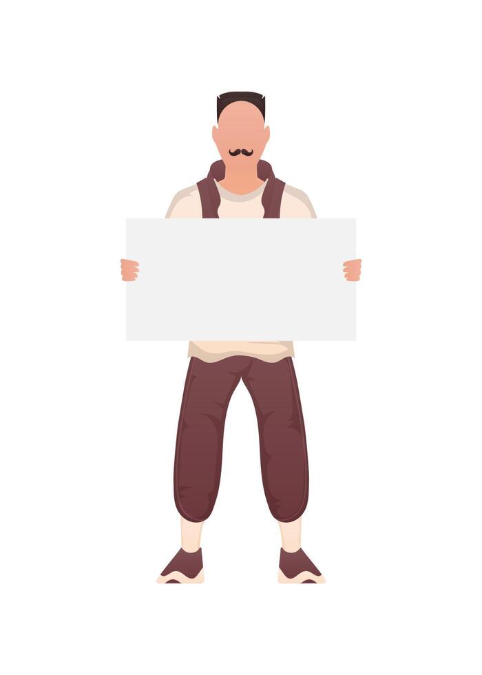 A guy of strong physique stands at full height and holds an empty sign in his hands. Isolated. Cartoon style. vector