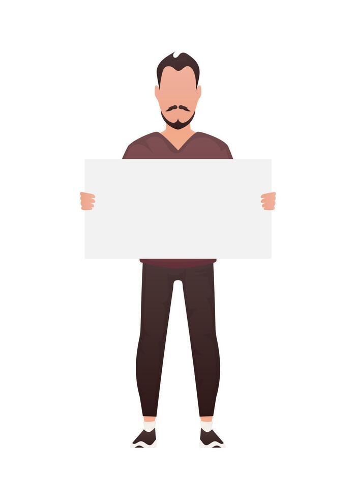 A man stands to his full height and holds an empty tablet in his hands. Isolated. Cartoon style. vector