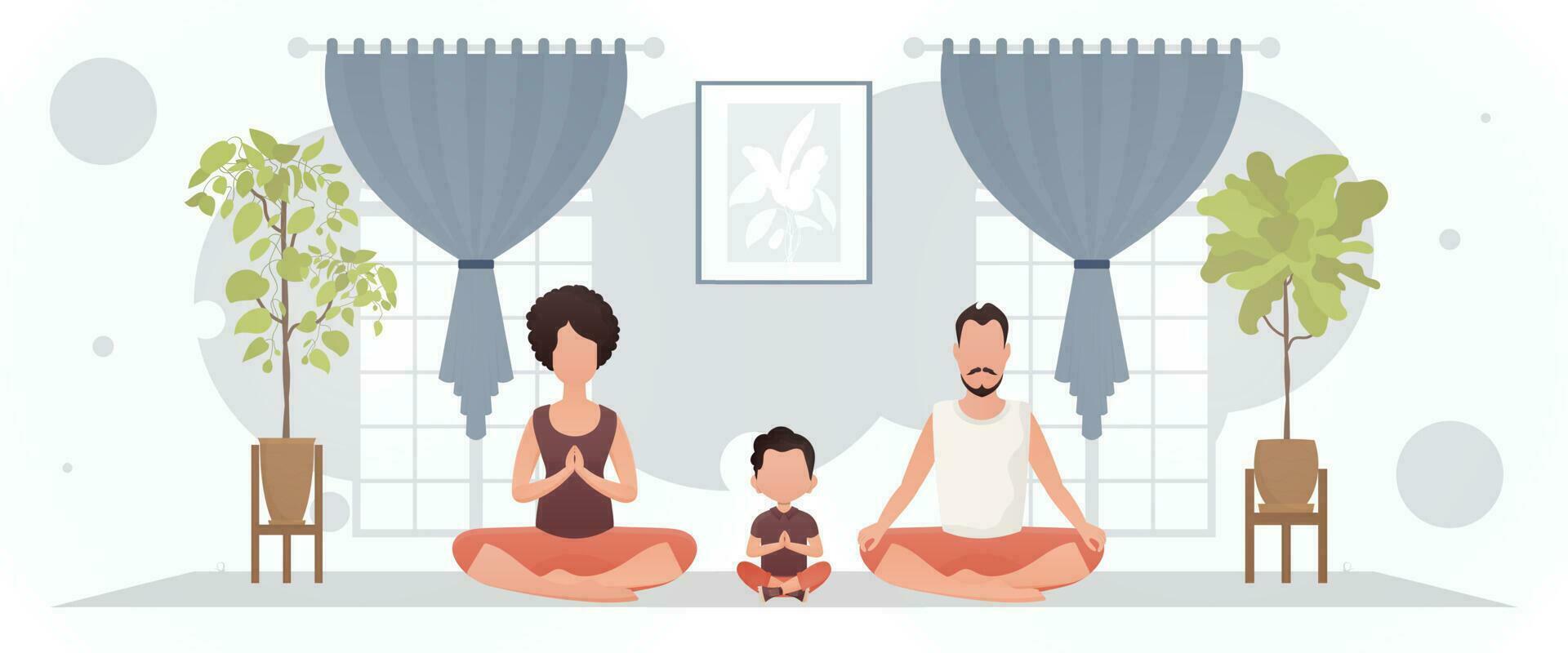 A man and a woman with a little boy are doing yoga in the lotus position in the room. Yoga. Cartoon style. vector