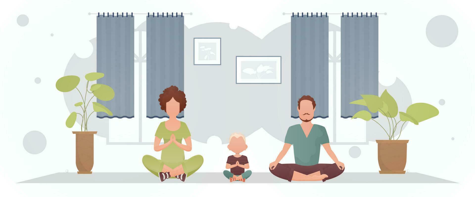 A strong build guy with a beautiful girl and a cute little boy are doing yoga in the room. Meditation. Cartoon style. vector