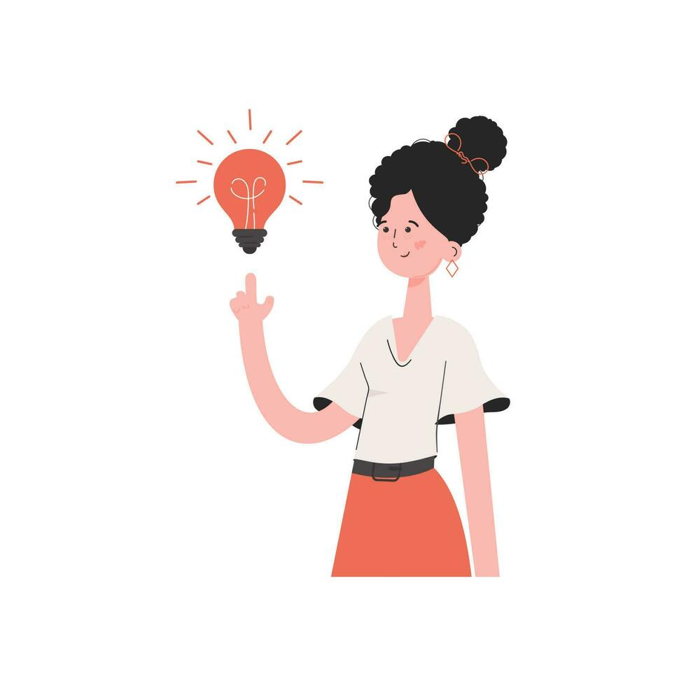 A woman stands waist-deep with a light bulb. Isolated. Element for presentations, sites. vector