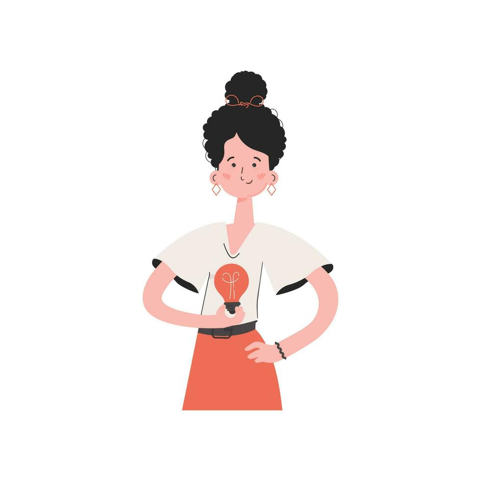 A woman stands waist-deep with a light bulb. Isolated. Element for presentations, sites. vector