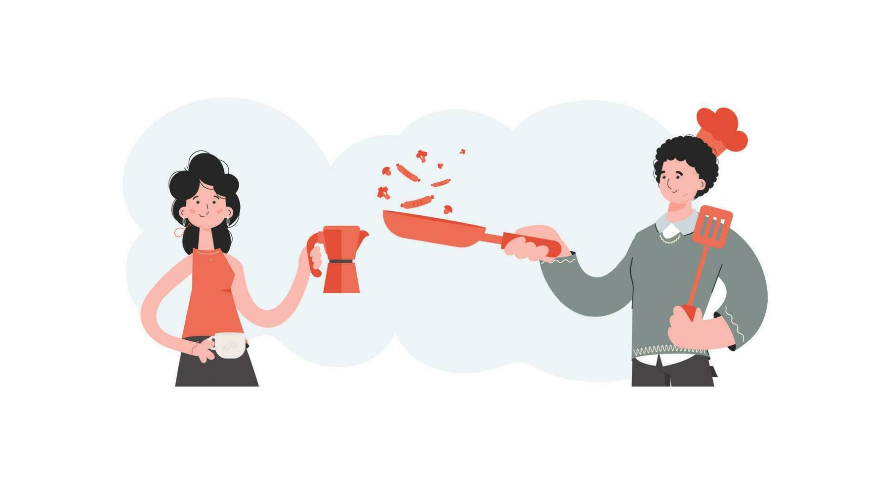 A man and a woman stand with a belt and hold a coffee pot and a frying pan. Coffee shop. Element for presentations, sites. vector