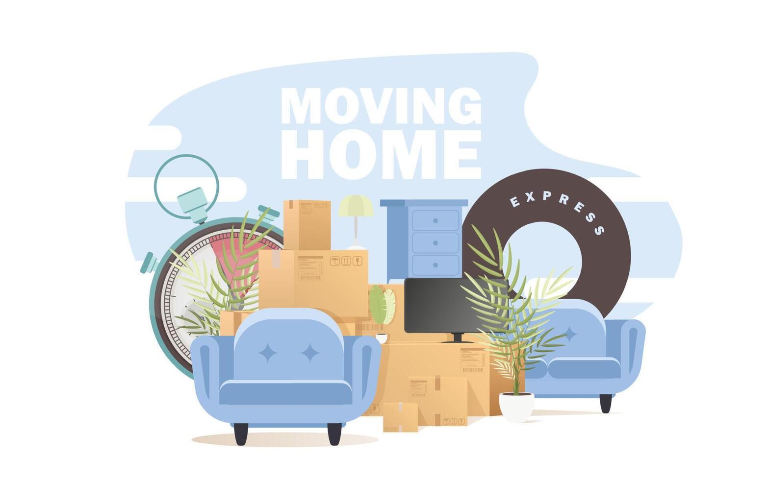 There are a lot of boxes and other items. Concept of relocating. The style is cartoonish. Illustration in format vector