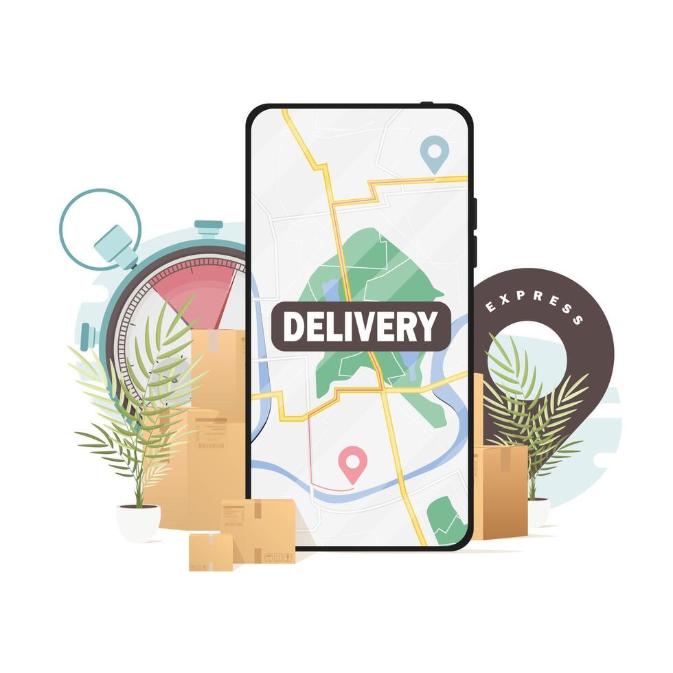 Rápido entrega concepto. un montón de cajas y cosas, un teléfono con un mapa. vector ilustración.