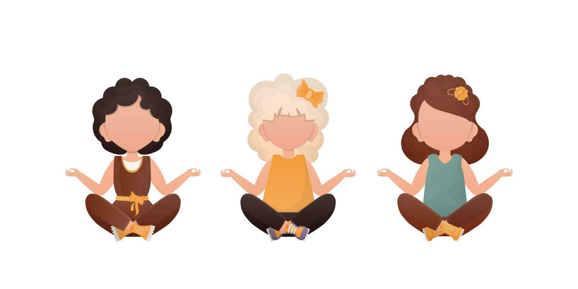 pequeño muchachas se sienta en el loto posición. yoga niños. dibujos animados estilo. conjunto aislado en un blanco antecedentes. vector