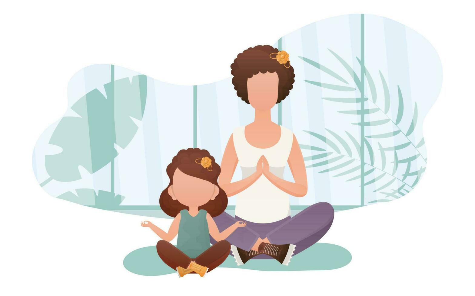 Mom and daughter do yoga. Cartoon style. Meditation and concentration concept. Vector. vector