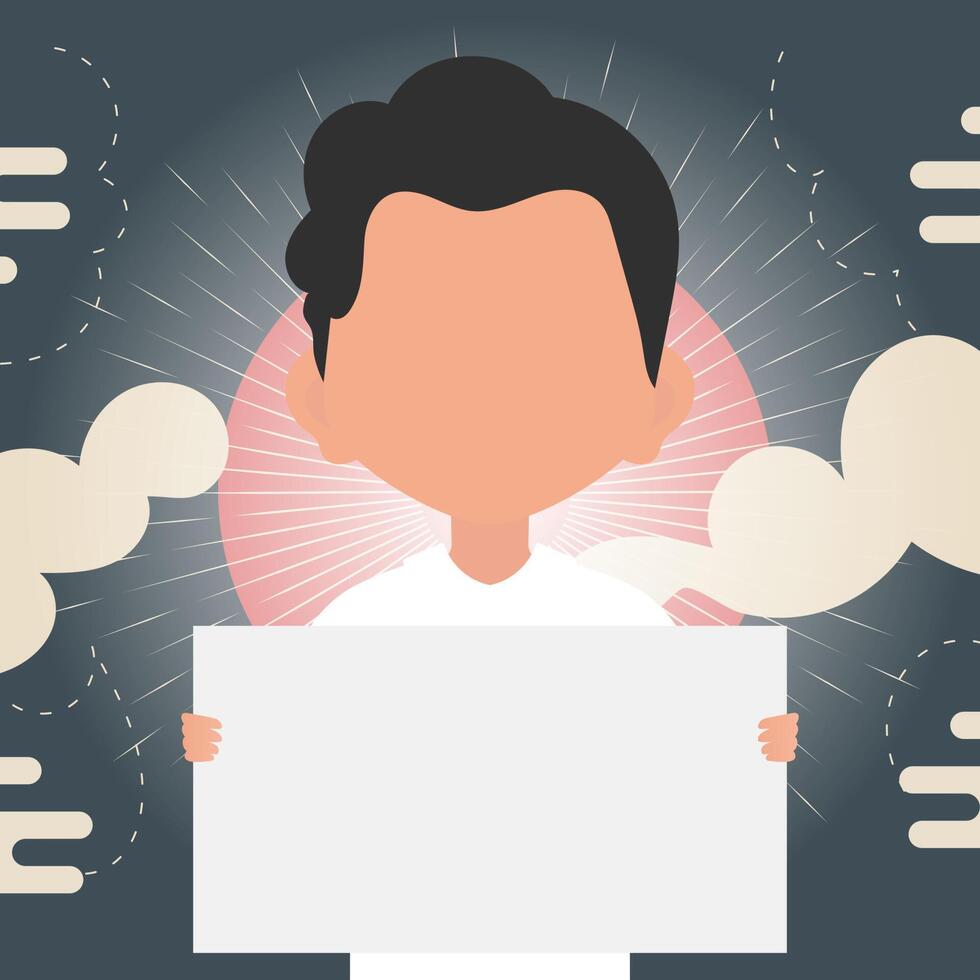 A cute little boy is holding an empty tablet in his hands. Place for your text. illustration in cartoon style. vector