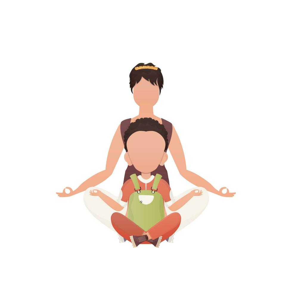 A girl with an adorable baby is sitting meditating in the lotus position. Isolated. Cartoon style. vector