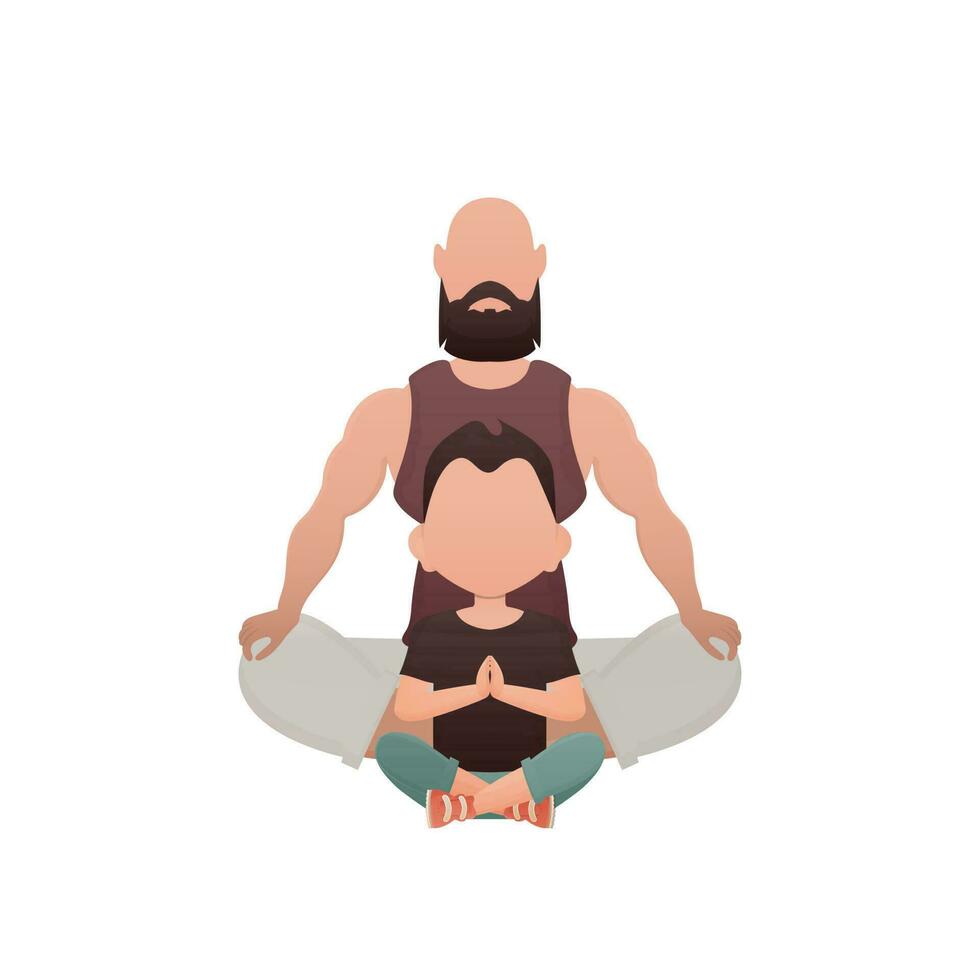 papá con pequeño hijo son sentado y haciendo yoga. aislado. dibujos animados estilo. vector