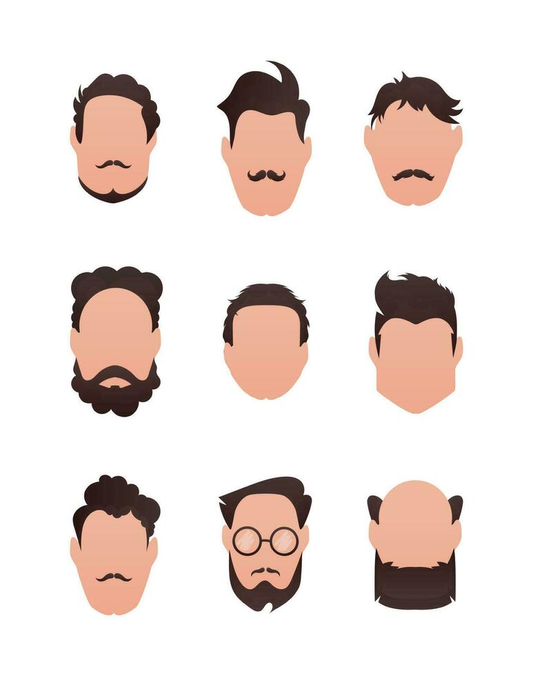 Large Set of Faces of men with different hairstyles. Isolated on white background. vector