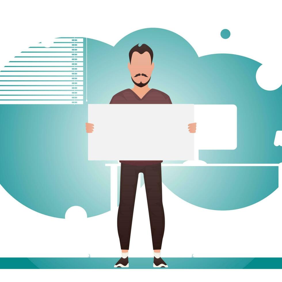 A guy with a strong physique holds a blank sheet in his hands. Place for your advertisement. Cartoon style. vector