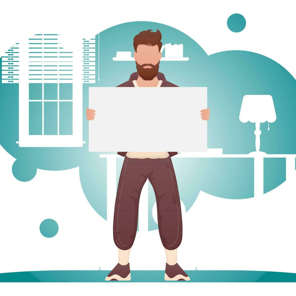 A man in full growth holds a blank sheet in his hands. Place for your advertisement. Cartoon style. vector