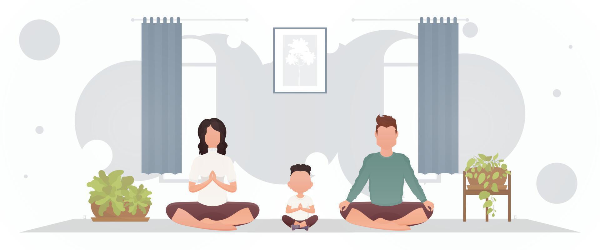 A man and a woman with a little boy are sitting in a lotus position in a room. Yoga. Cartoon style. vector