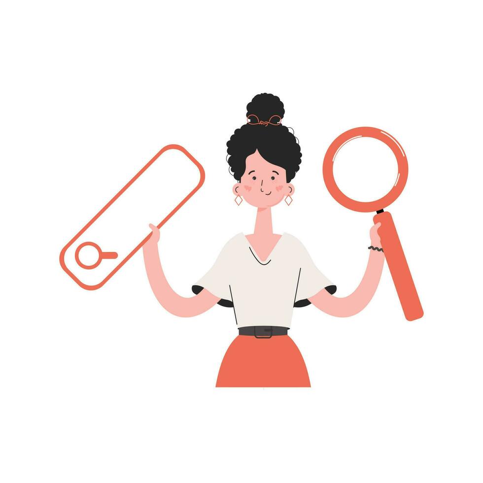 A woman stands waist-deep and holds a magnifying glass in her hands. Isolated. Element for presentations, sites. vector