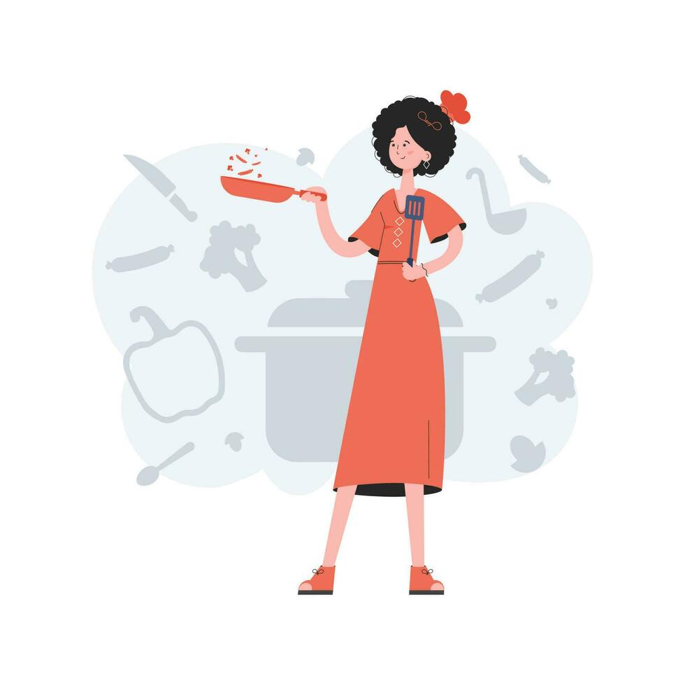 A woman stands in full growth holding a spatula in her hands. Cafe. Element for presentations, sites. vector