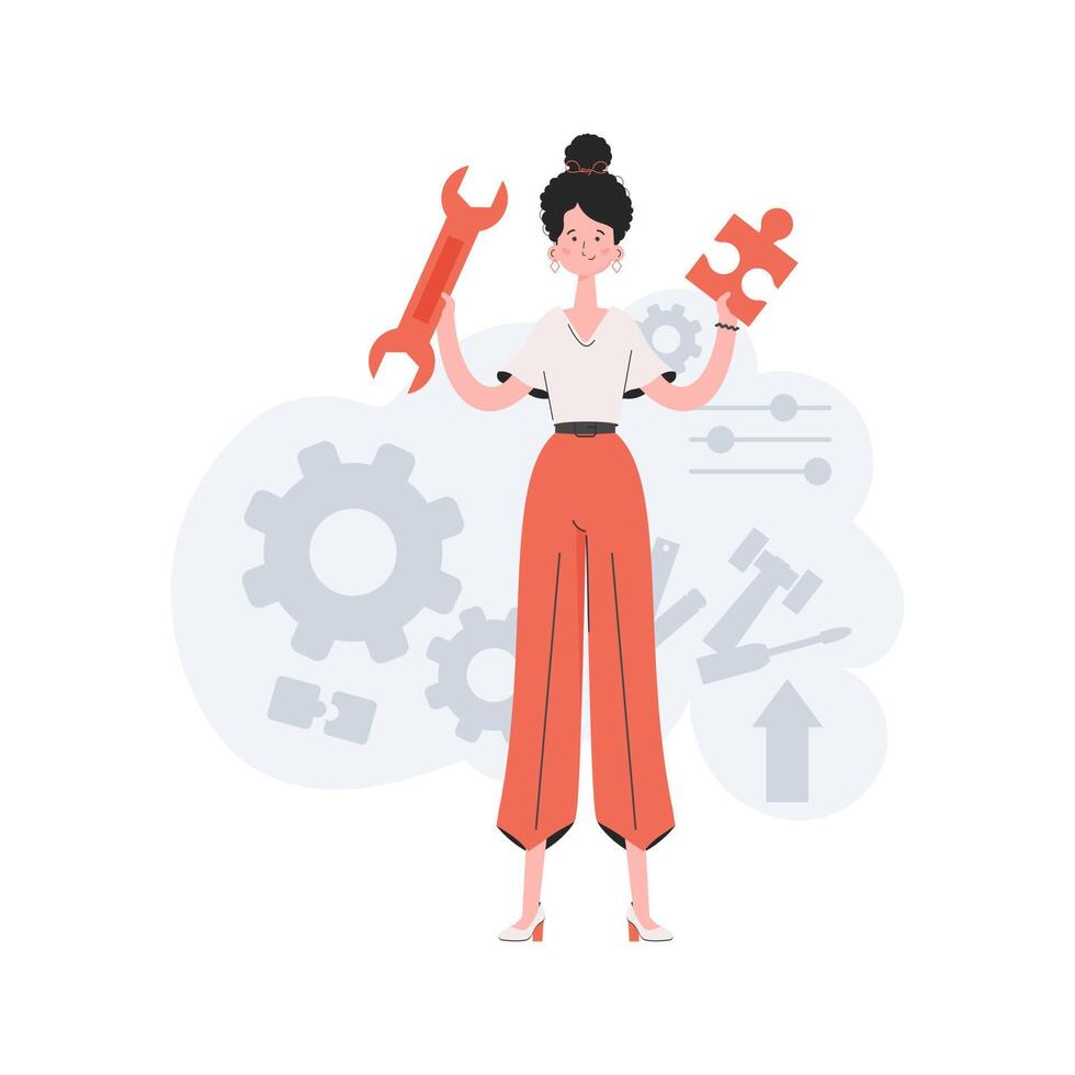 A woman stands in full growth and holds a wrench in her hands. Tech support. Element for presentations, sites. vector