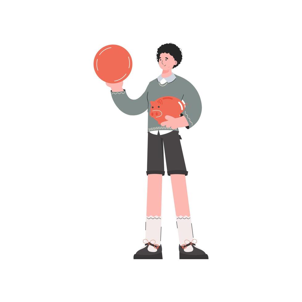 A man stands in full growth holding a coin. Isolated. Element for presentations, sites. vector
