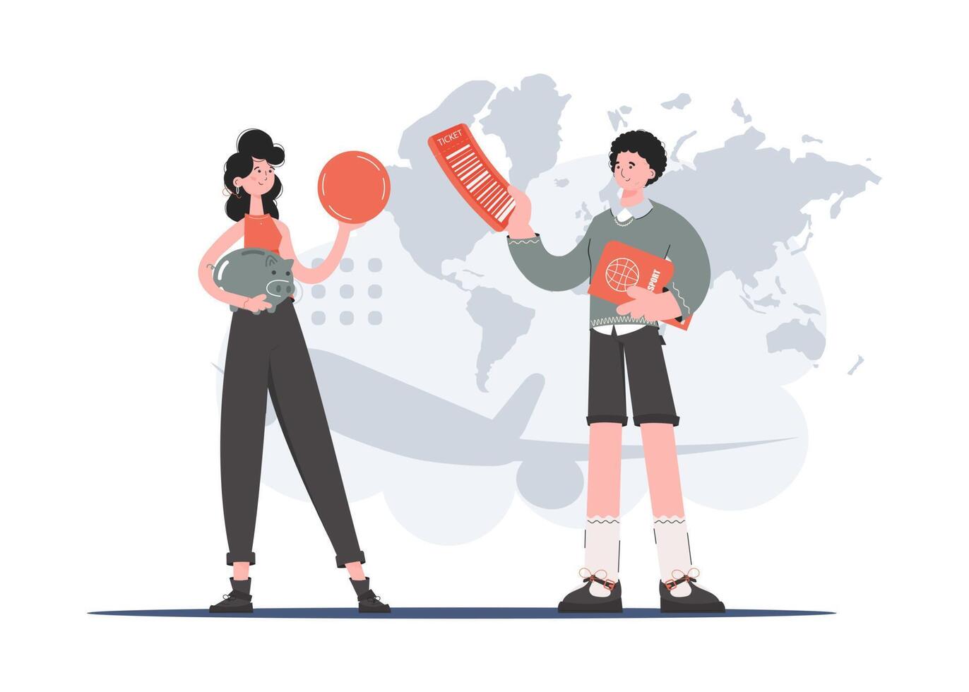 A man and a woman stand in full growth with a coin and a ticket in their hands. Savings. Element for presentations, sites. vector