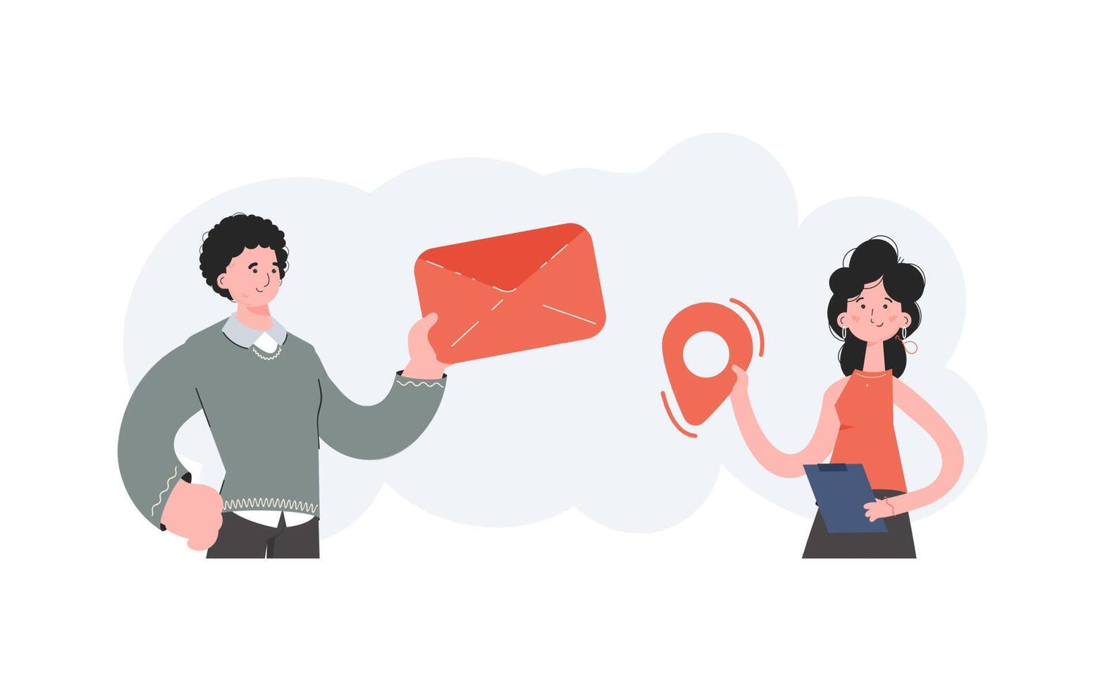 A man and a woman stand with a belt and hold a geolocation and an envelope. Communications. Element for presentations, sites. vector