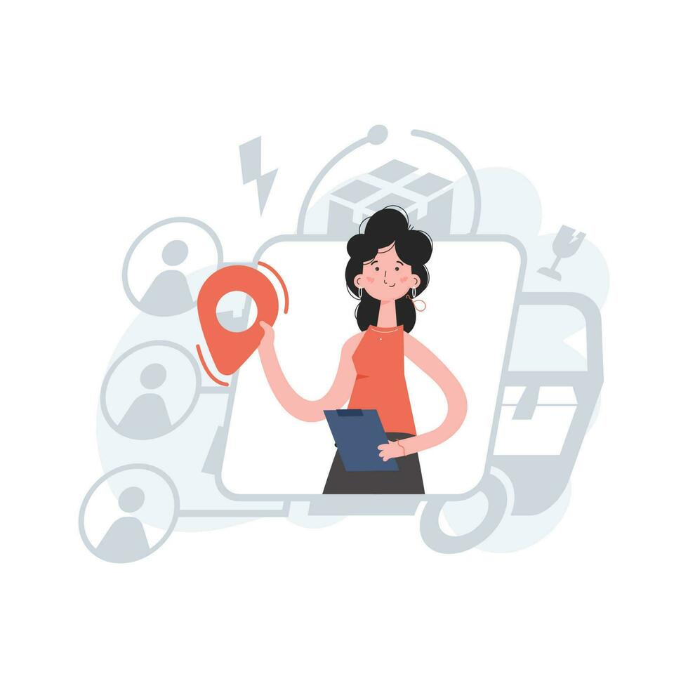 A woman stands waist-deep and holds a geolocation icon in her hands. Delivery. Element for presentations, sites. vector