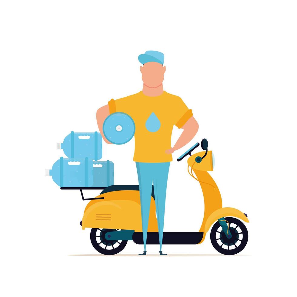 A bottle of water is held by the courier. The concept of delivering drinking water to your home. The style is cartoonish. Illustration in format. vector