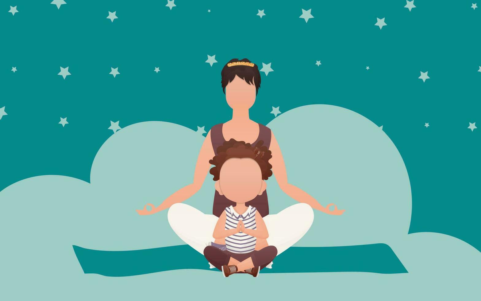 Mom and daughter are meditating. Cartoon style. Meditation and concentration concept. Vector illustration.