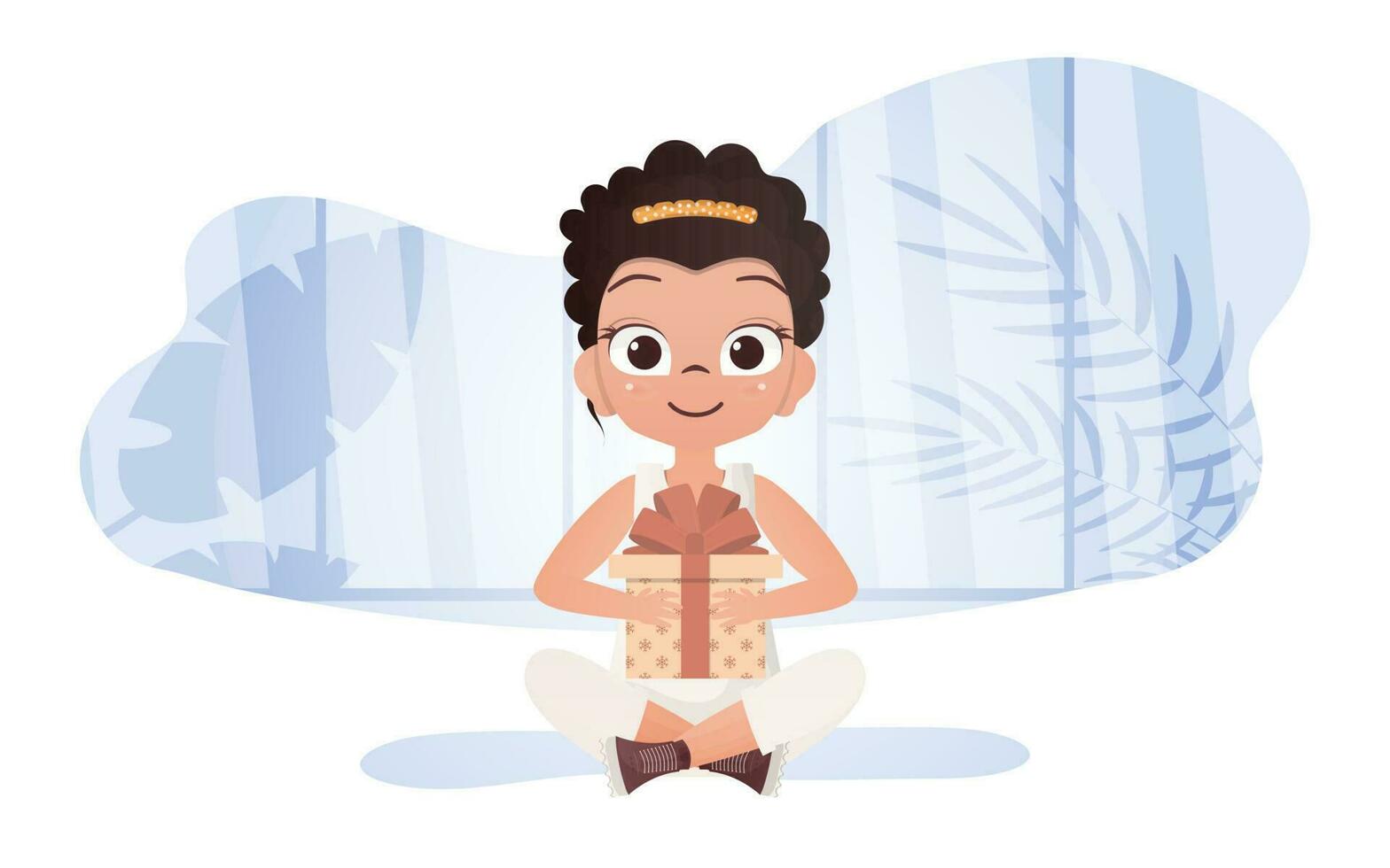 The Little Girl sits in a lotus position and holds a gift box in her hands. Vector illustration.