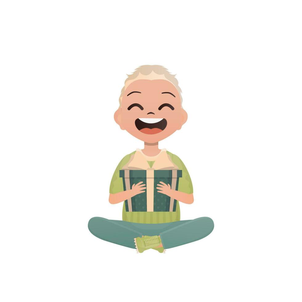 A small teenage boy sits in a lotus position and holds a gift in his hands. Birthday, New Year or holidays theme. Isolated. Cartoon style. vector
