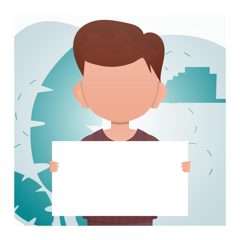 A little boy is holding a blank sheet in his hands. Advertising. Cartoon style. vector