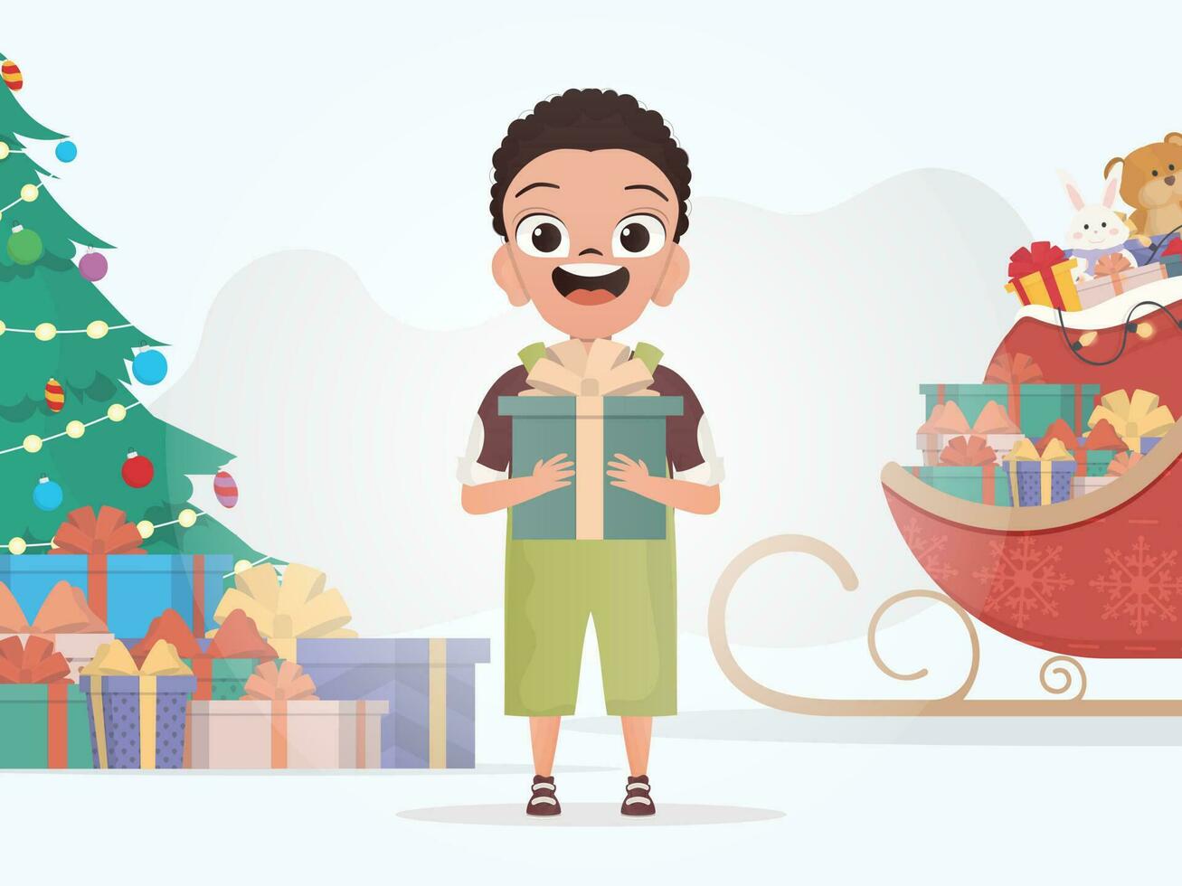 un pequeño chico es participación un regalo caja. Navidad. dibujos animados estilo. vector