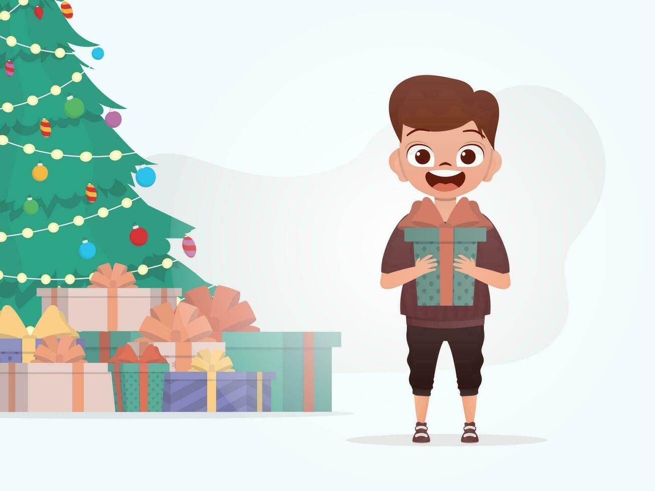 A smiling preschool boy stands and holds a box with a bow in his hands. Christmas. Cartoon style. vector